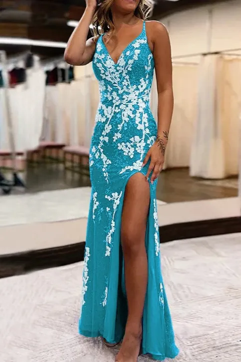 Mermaid V-Neck Appliques Prom Dress with Slit