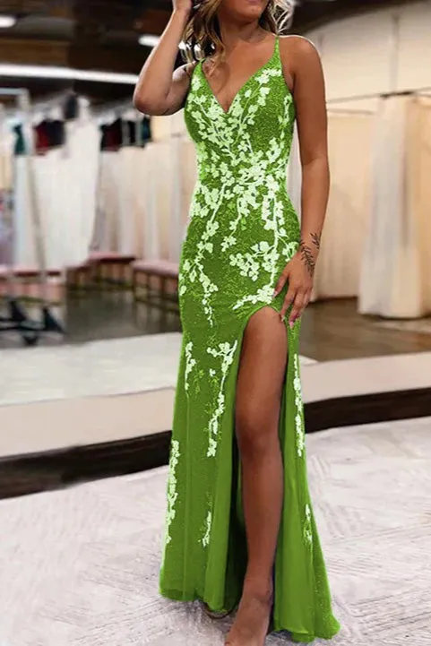 Mermaid V-Neck Appliques Prom Dress with Slit