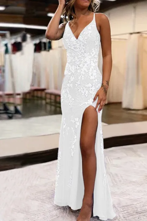 Mermaid V-Neck Appliques Prom Dress with Slit