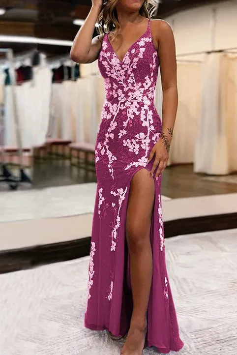 Mermaid V-Neck Appliques Prom Dress with Slit