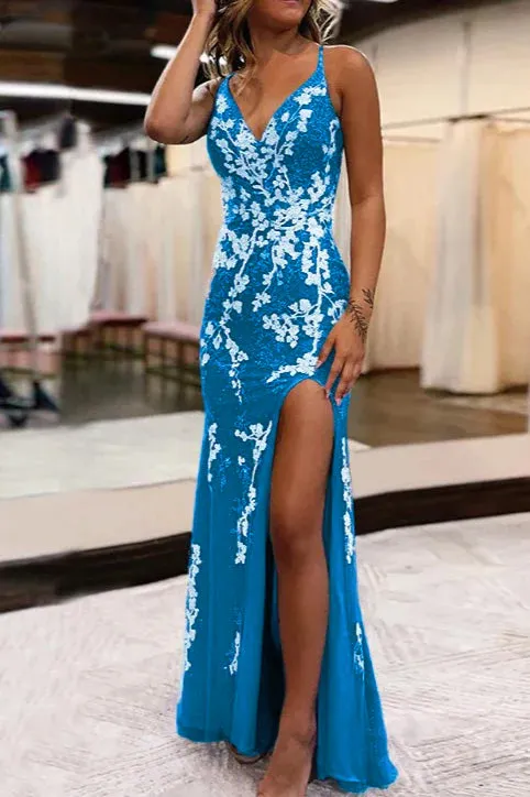 Mermaid V-Neck Appliques Prom Dress with Slit