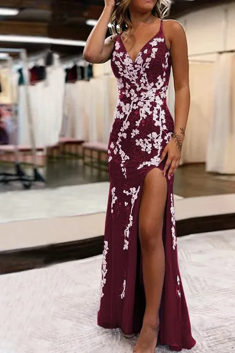 Mermaid V-Neck Appliques Prom Dress with Slit