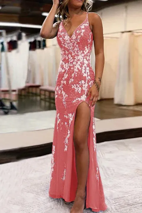 Mermaid V-Neck Appliques Prom Dress with Slit