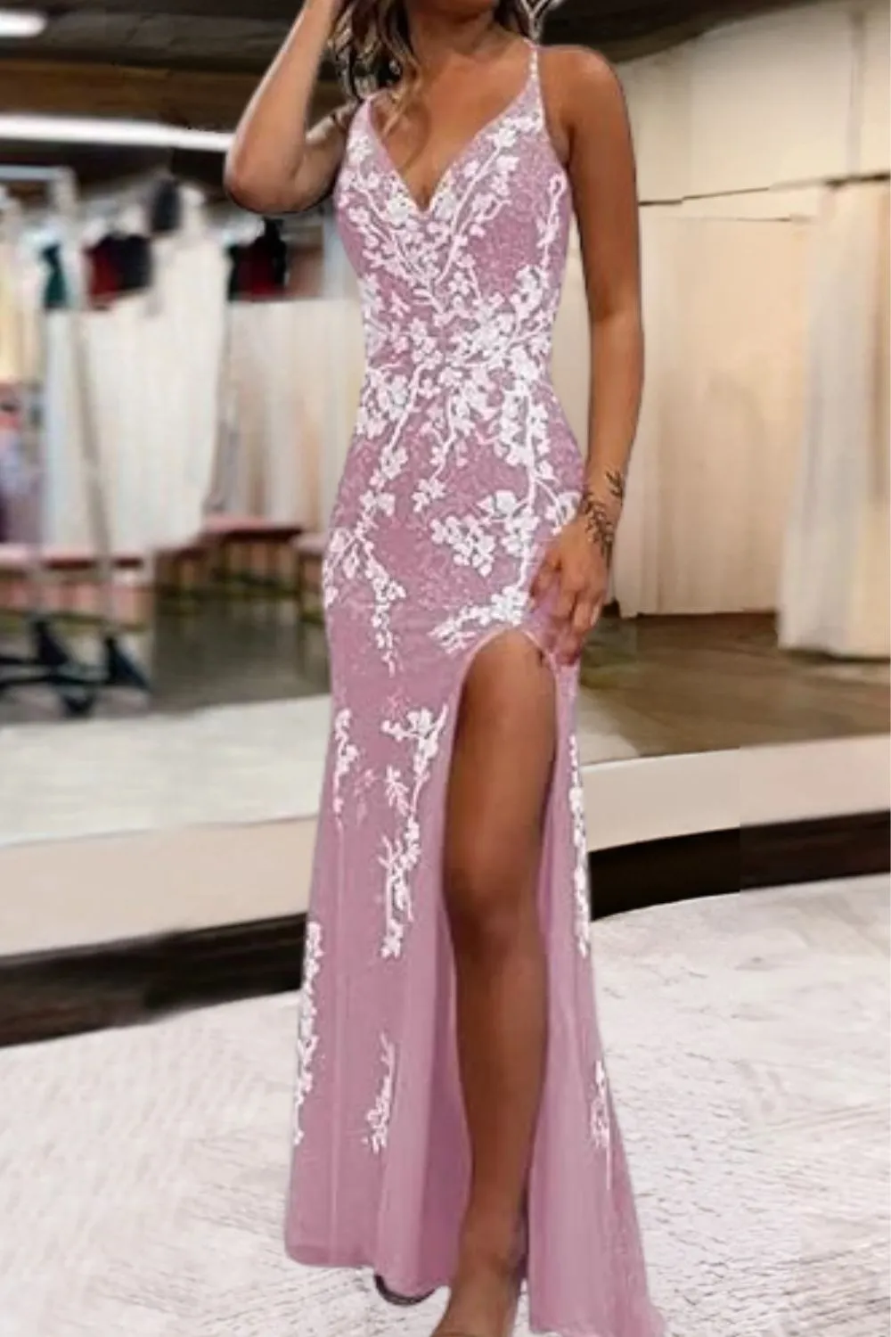 Mermaid V-Neck Appliques Prom Dress with Slit
