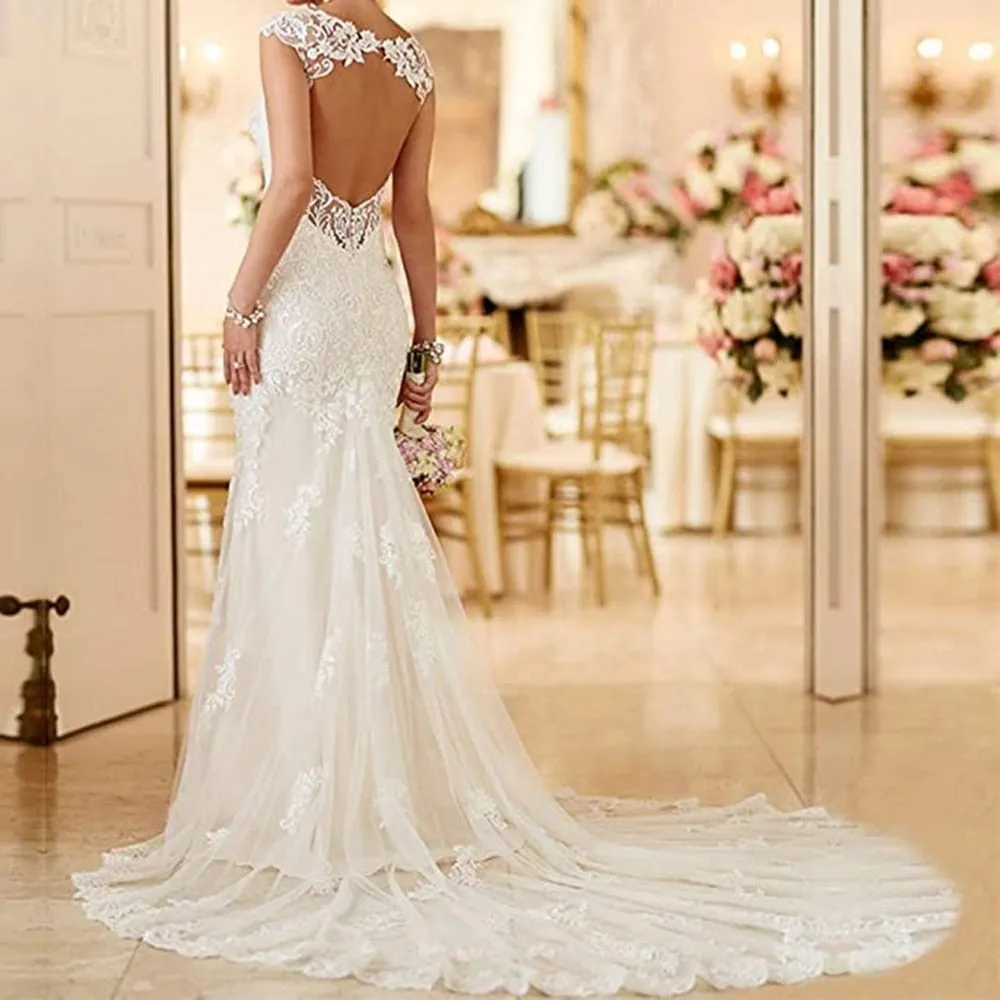 Mermaid Wedding Dresses For Bride Long Lace Open Back Bridal Gowns
