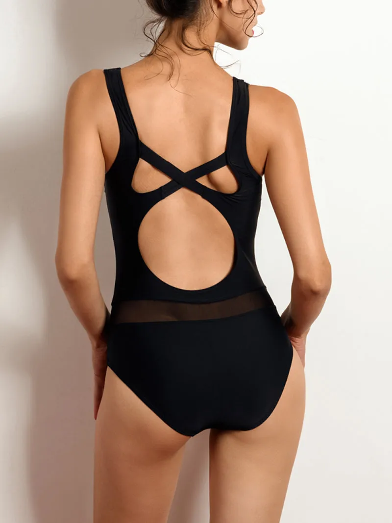 Mesh Sexy One Piece Swimsuit 2022 Black Swimwear Women Cross Back