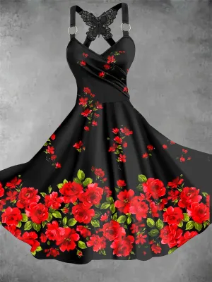 Mexican Floral Art Print Vintage Suspender Dress