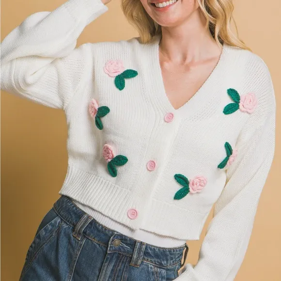 Mid Cropped Flower Cardigan