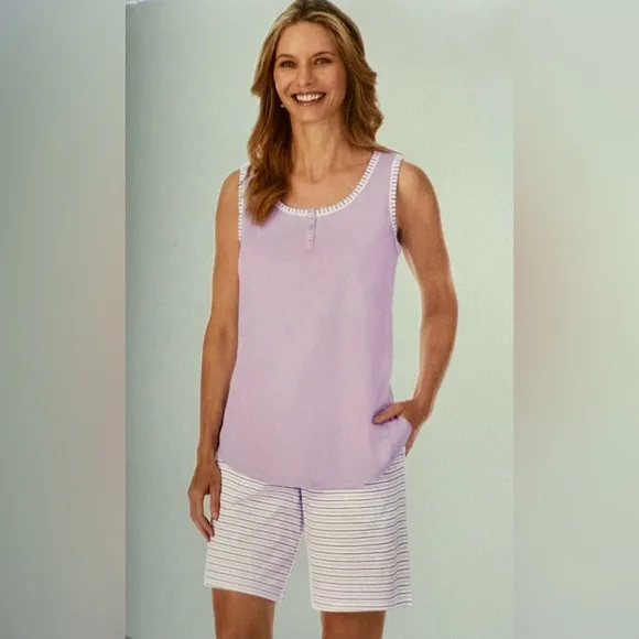 Midnight by Carole Hochman 4-Piece Cotton Pajama Purple Floral Stripe Sleepwear