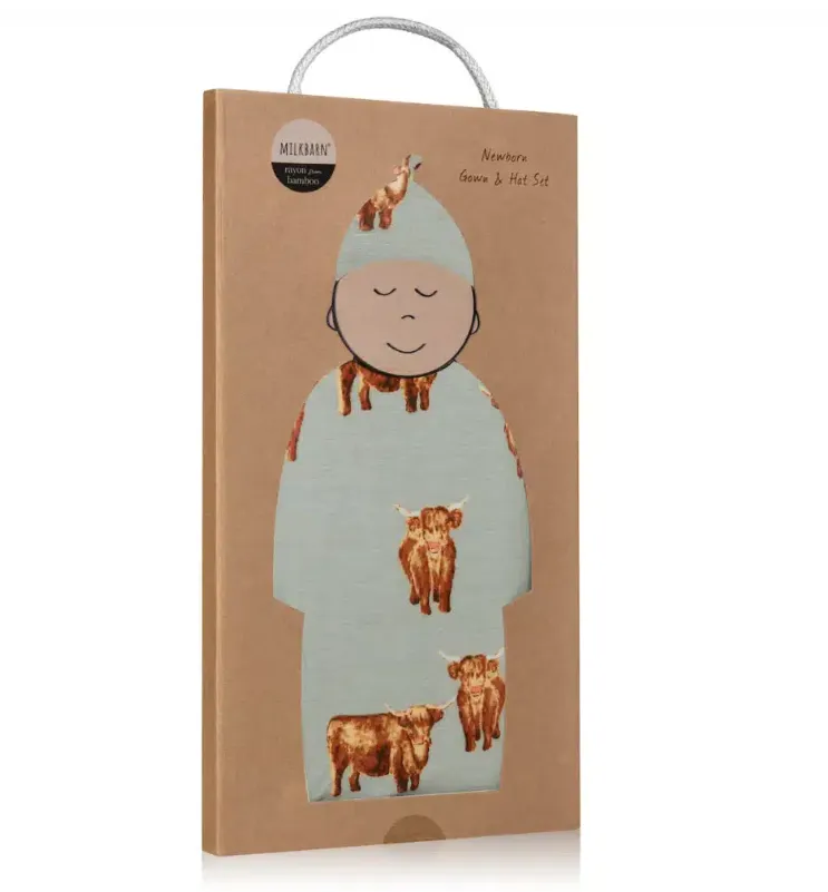 Milkbarn Bamboo Newborn Gown & Hat Set Highland Cow