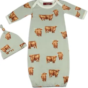 Milkbarn Bamboo Newborn Gown & Hat Set Highland Cow