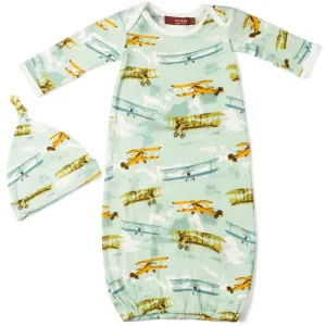 Milkbarn Organic NB Gown & Hat Set Vintage Planes