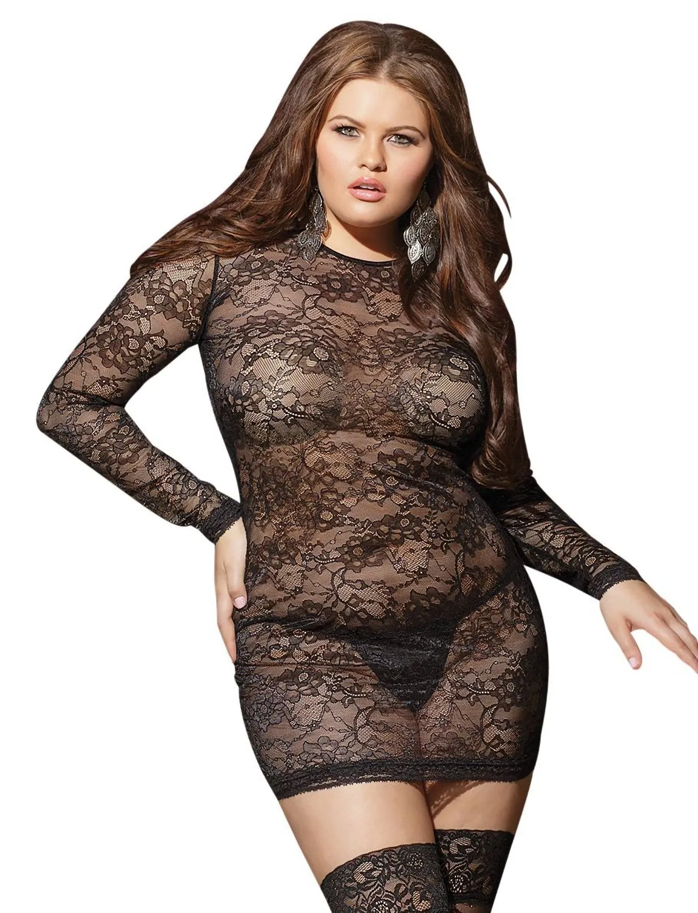 Mini Dress Sheer Stretch Lace with Long Sleeves