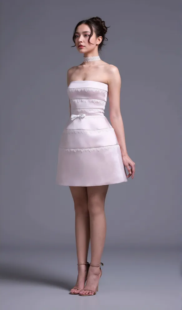 MINI DRESS WITH OFF-WHITE LACE TRIMMING DETAIL IN PINK