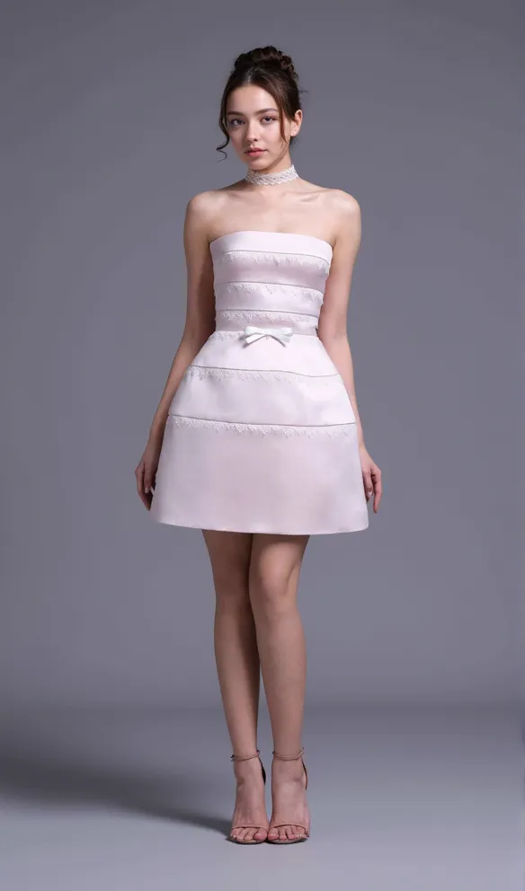 MINI DRESS WITH OFF-WHITE LACE TRIMMING DETAIL IN PINK