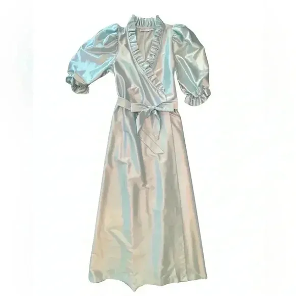 Miss Elaine Vintage 70s 80s Blue Satin Puff Sleeve Robe Size Small