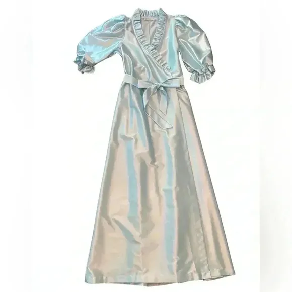 Miss Elaine Vintage 70s 80s Blue Satin Puff Sleeve Robe Size Small