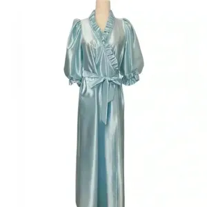 Miss Elaine Vintage 70s 80s Blue Satin Puff Sleeve Robe Size Small