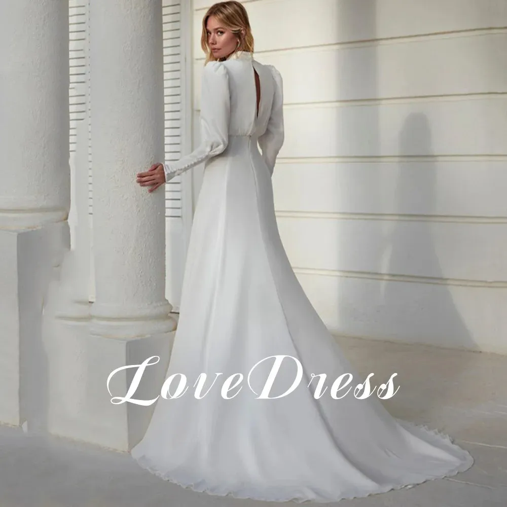 Modern High Neck White Chiffon Wedding Dress For Women Long Lantern Sleeve