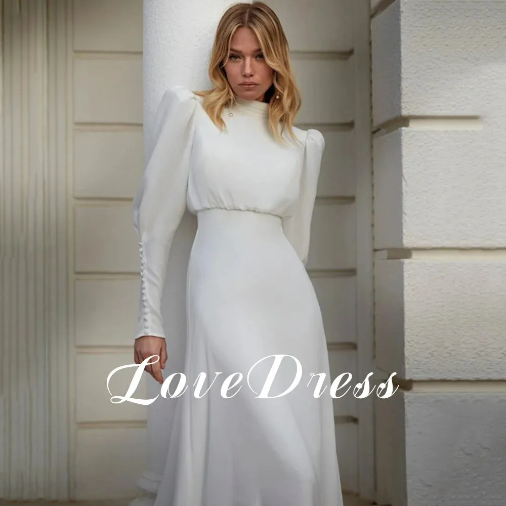 Modern High Neck White Chiffon Wedding Dress For Women Long Lantern Sleeve