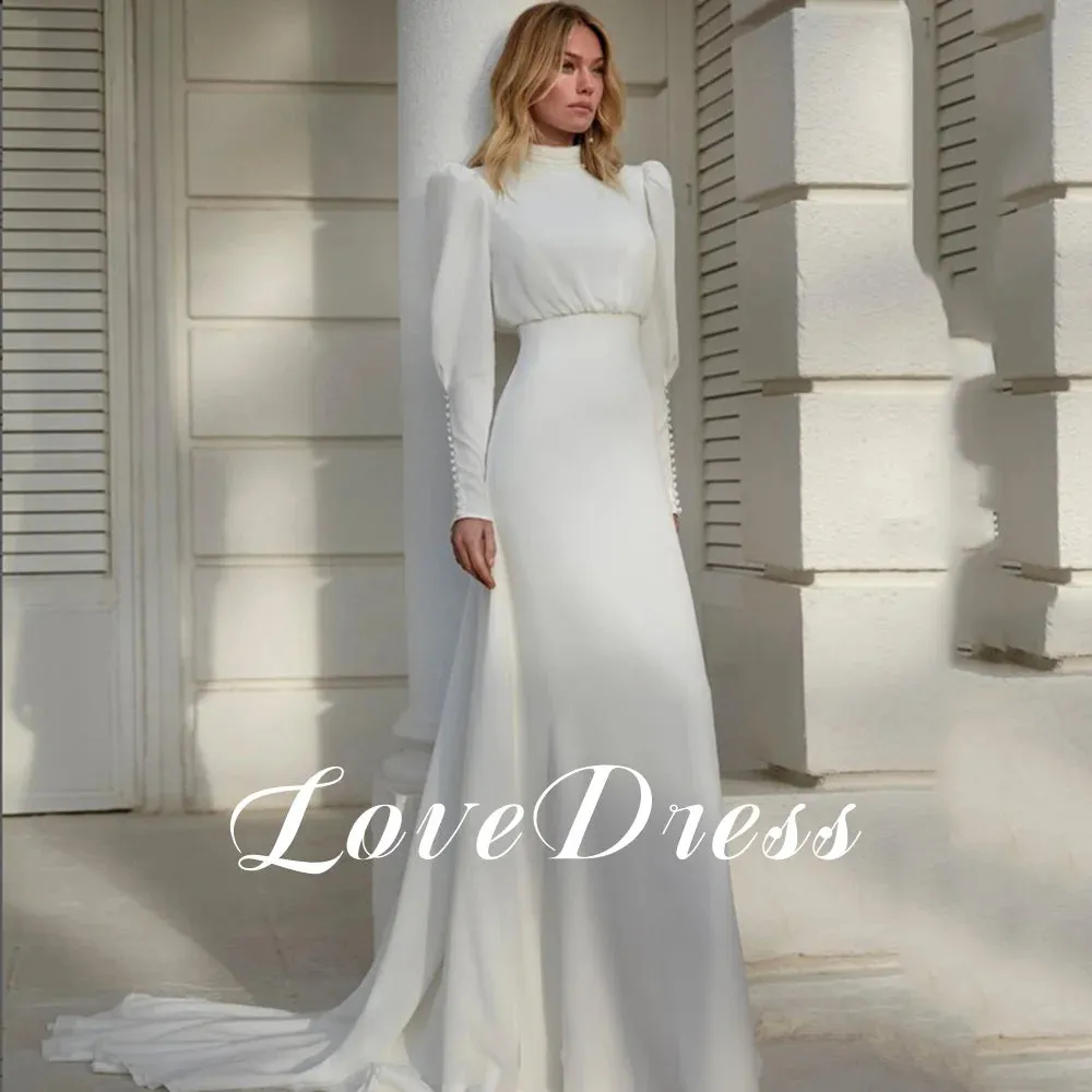 Modern High Neck White Chiffon Wedding Dress For Women Long Lantern Sleeve