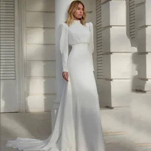 Modern High Neck White Chiffon Wedding Dress For Women Long Lantern Sleeve