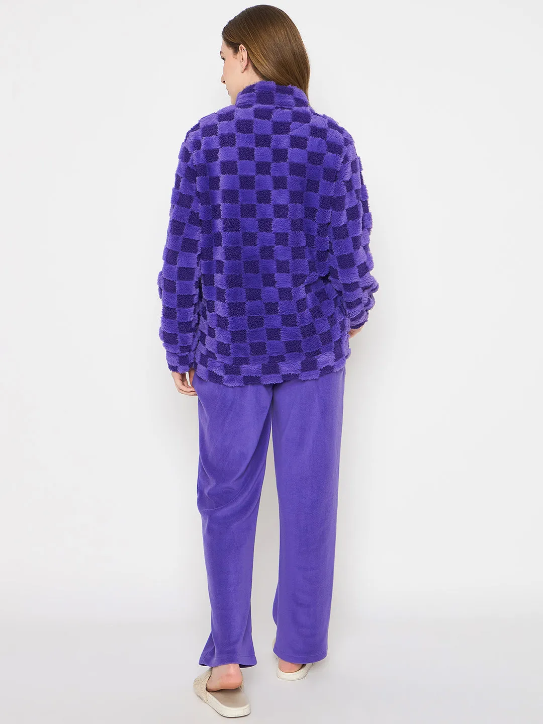 mSECRET Faux Fur Self Design Purple Night Suit