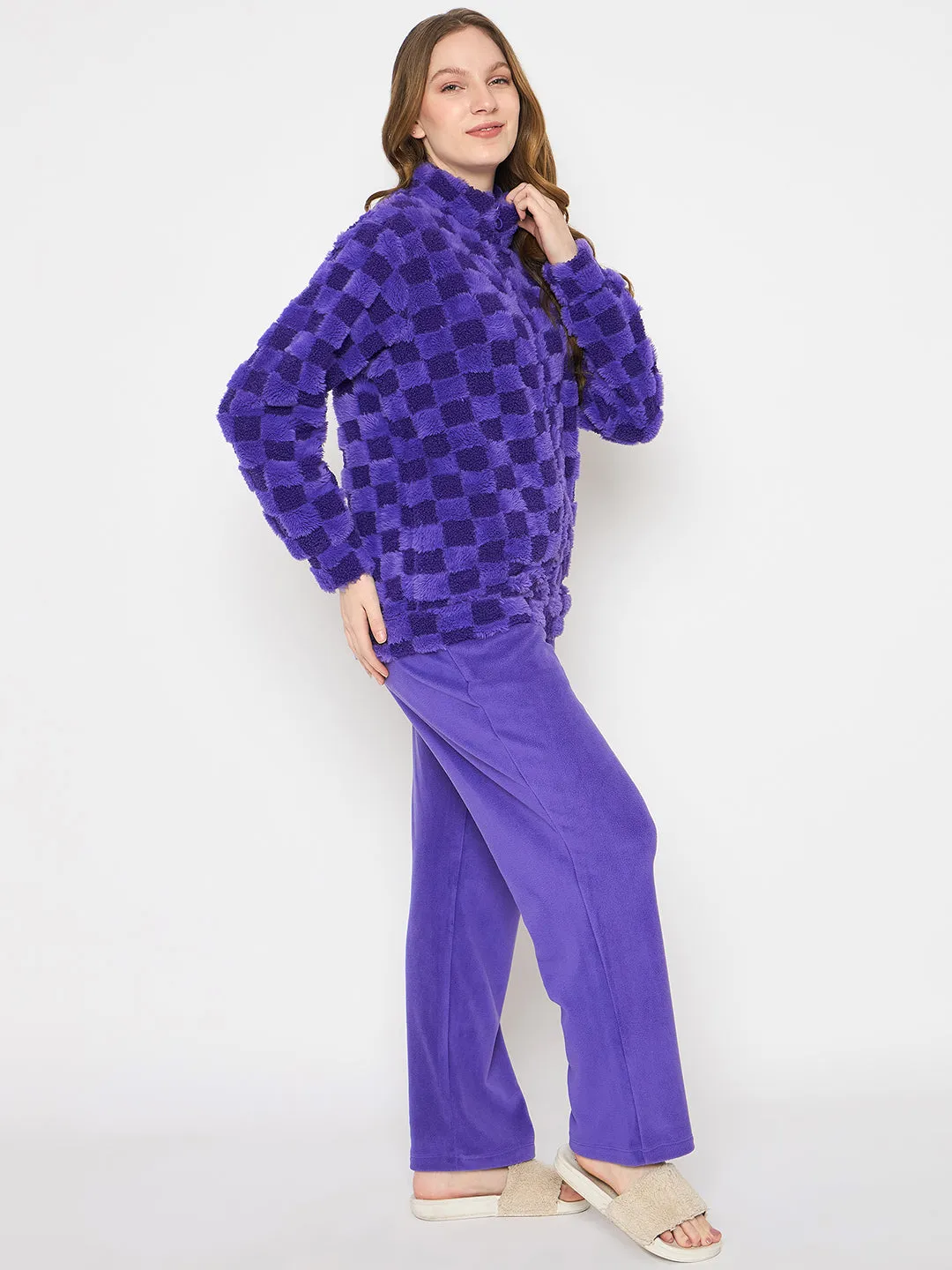 mSECRET Faux Fur Self Design Purple Night Suit