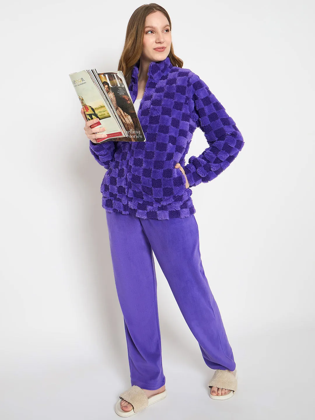 mSECRET Faux Fur Self Design Purple Night Suit