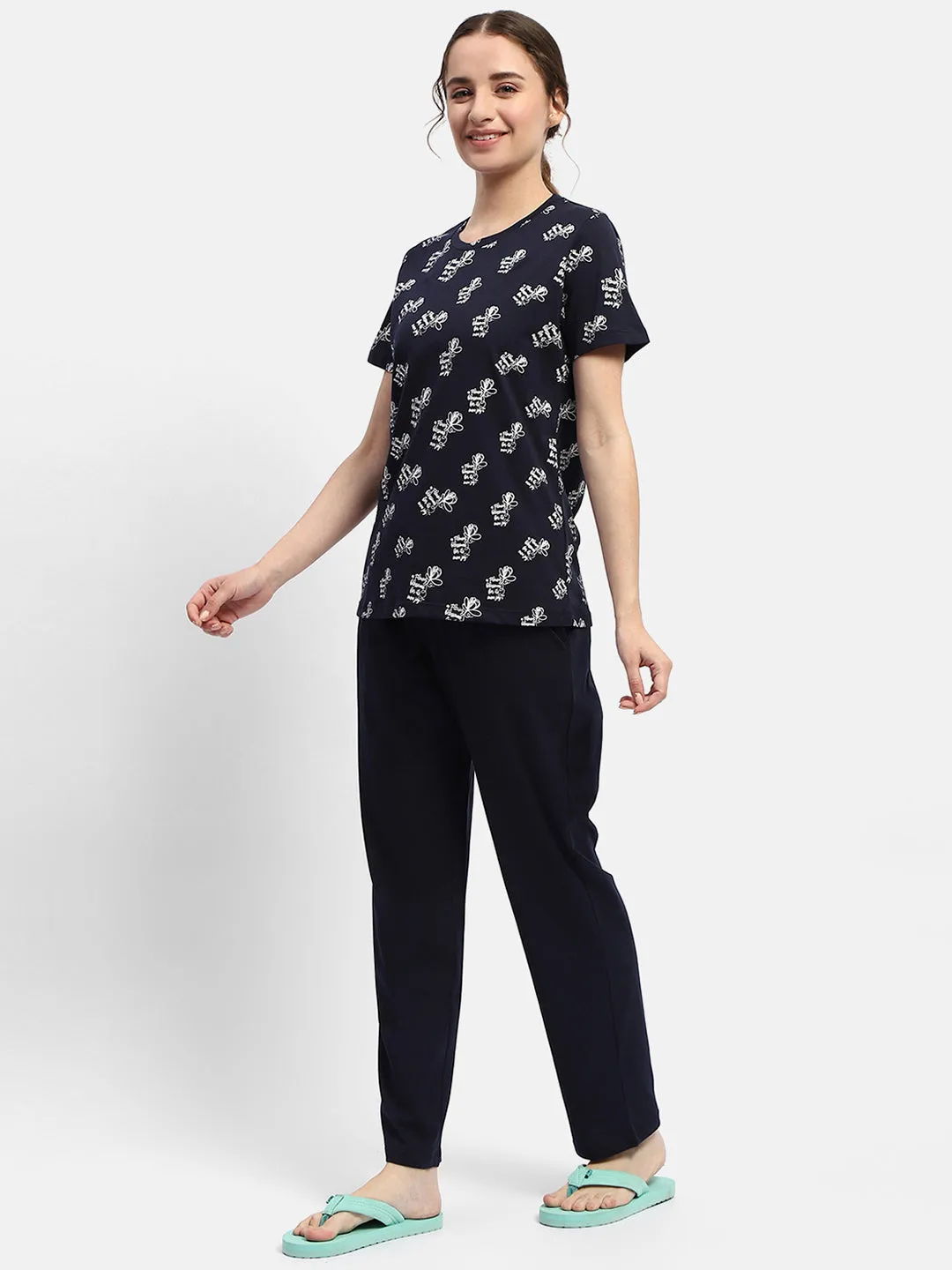 mSECRET Geometric Print Navy Blue Two-Piece Nightsuit
