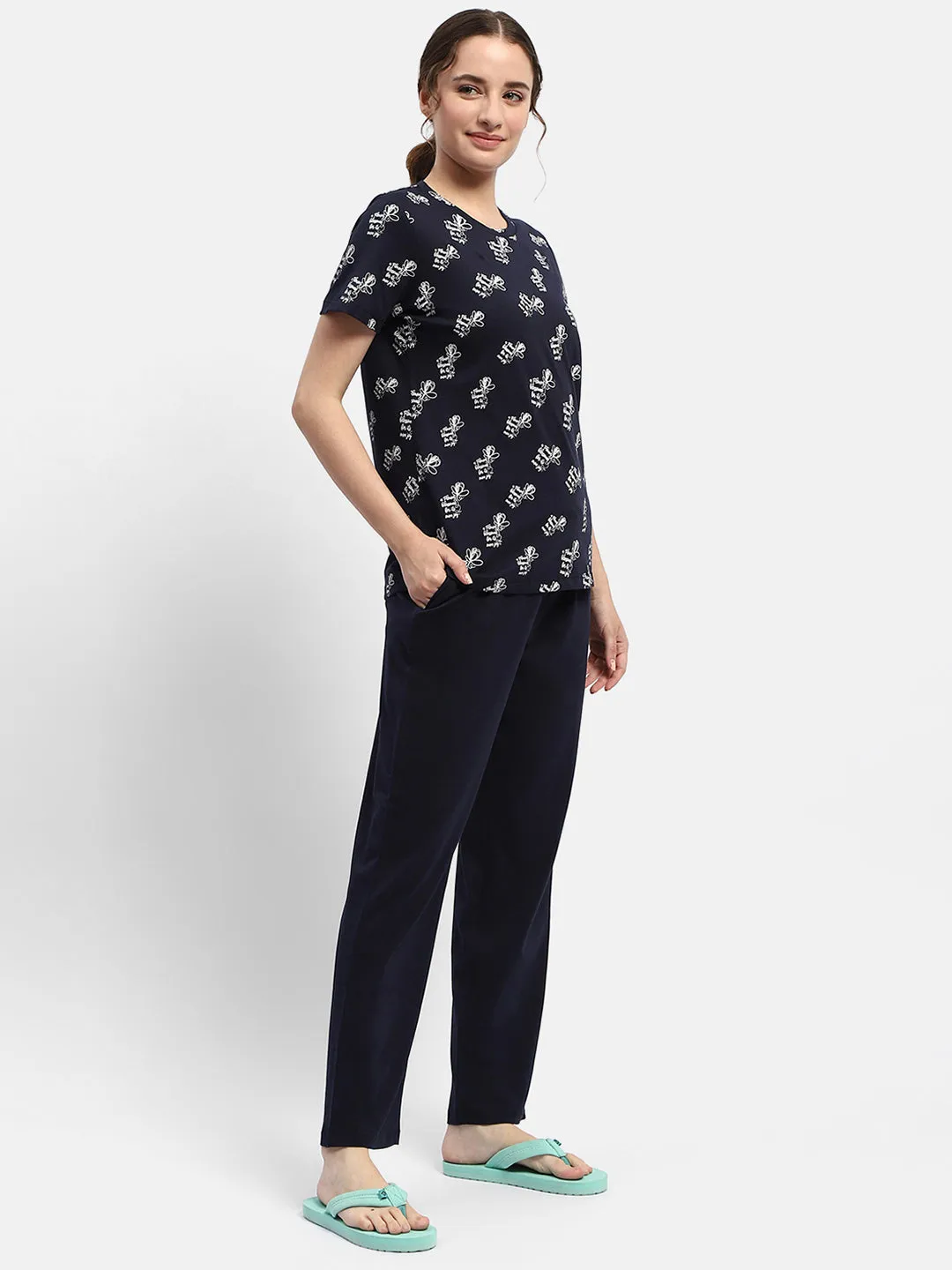 mSECRET Geometric Print Navy Blue Two-Piece Nightsuit
