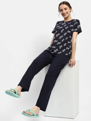 mSECRET Geometric Print Navy Blue Two-Piece Nightsuit