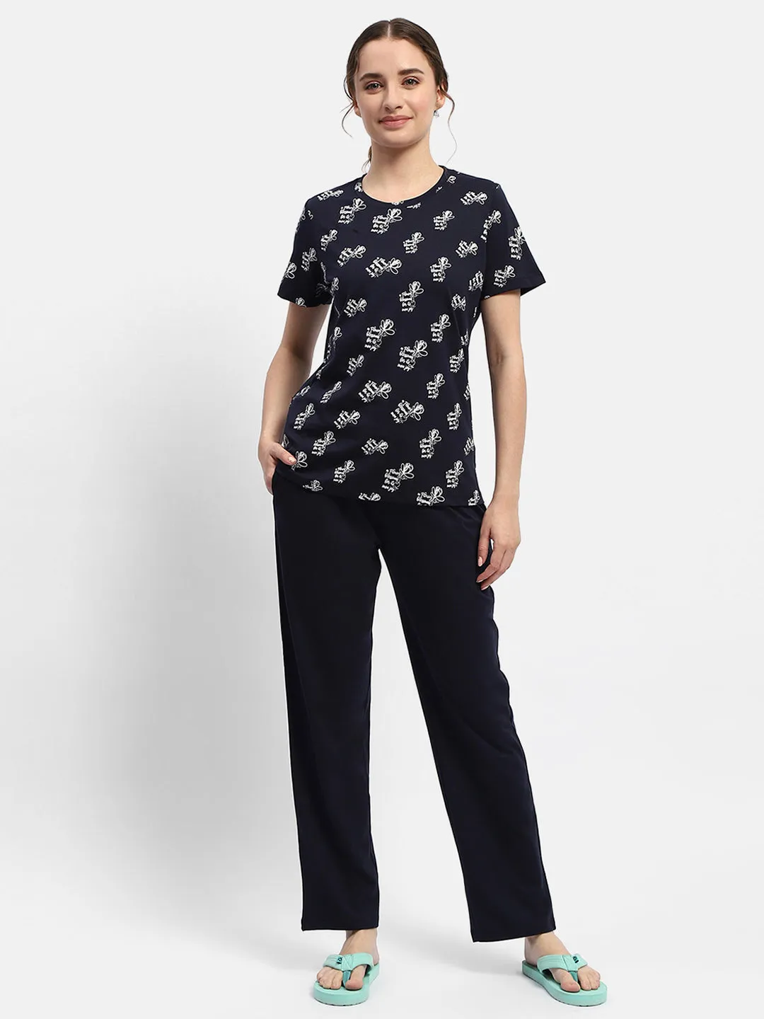 mSECRET Geometric Print Navy Blue Two-Piece Nightsuit