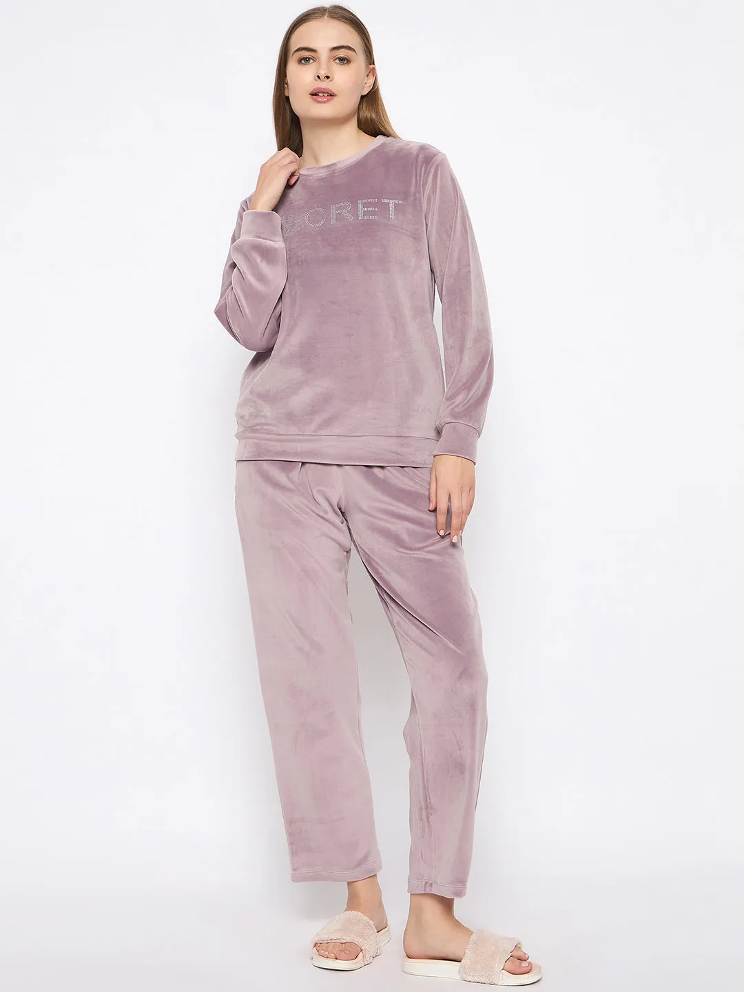 mSECRET Velour Swarovski Detailed Mauve Top and Bottom Night Suit