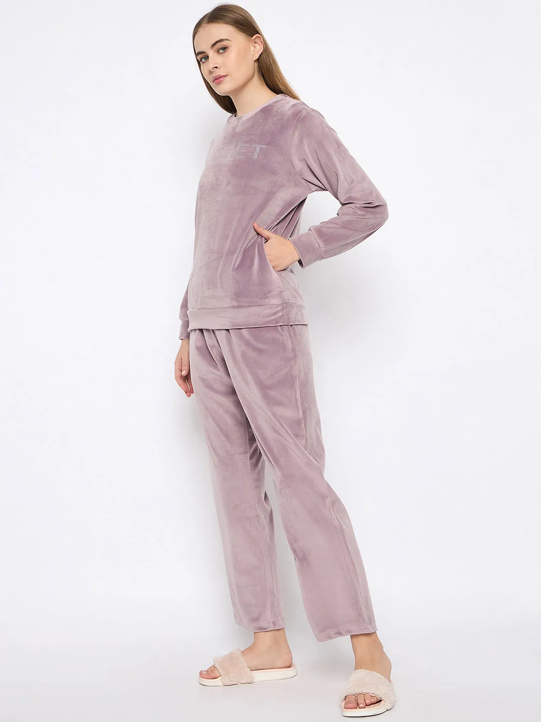 mSECRET Velour Swarovski Detailed Mauve Top and Bottom Night Suit