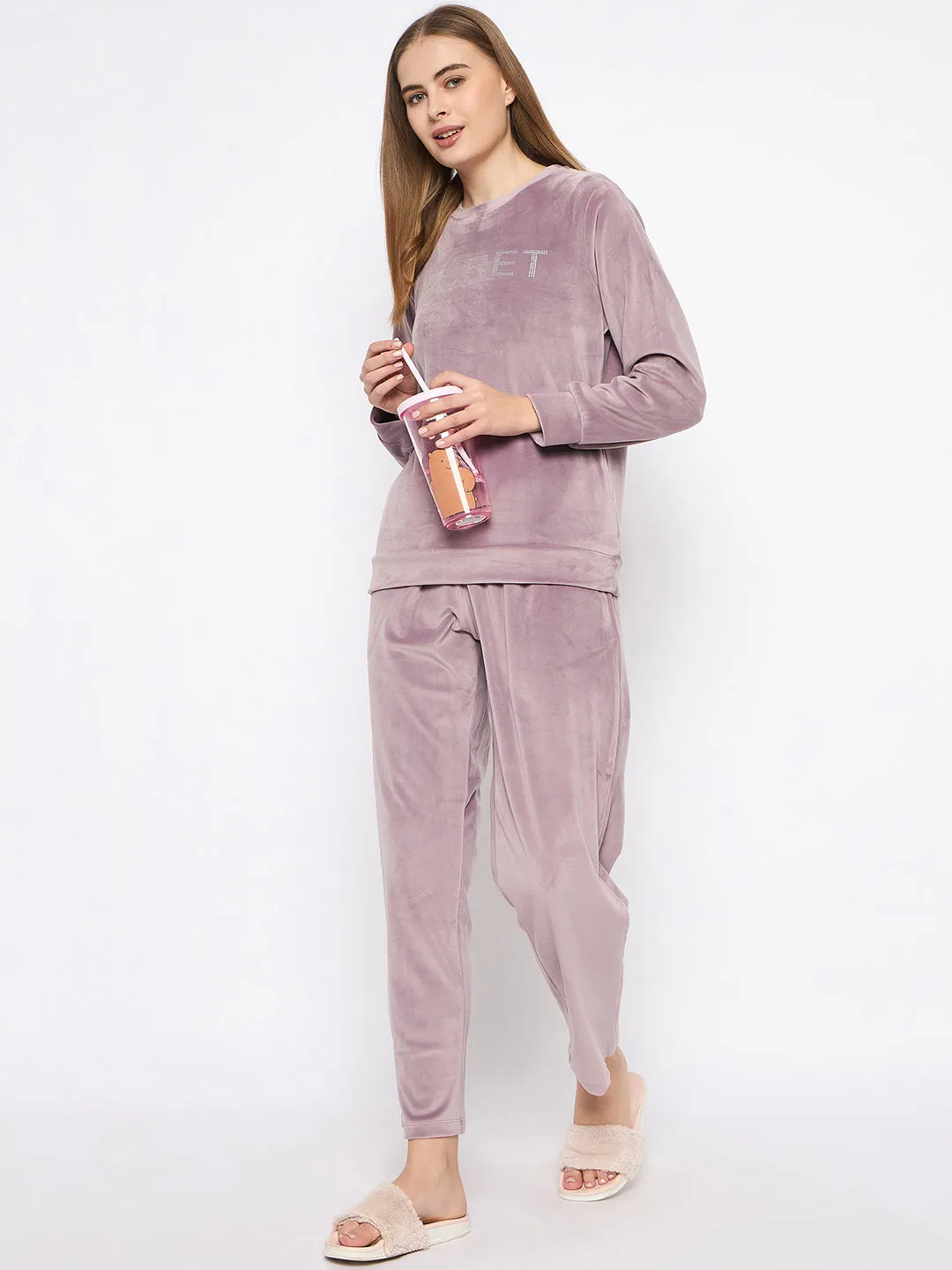 mSECRET Velour Swarovski Detailed Mauve Top and Bottom Night Suit