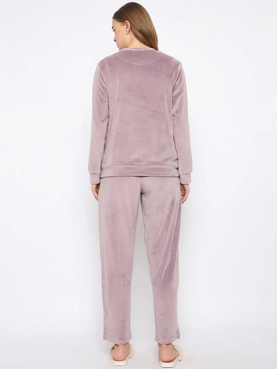 mSECRET Velour Swarovski Detailed Mauve Top and Bottom Night Suit