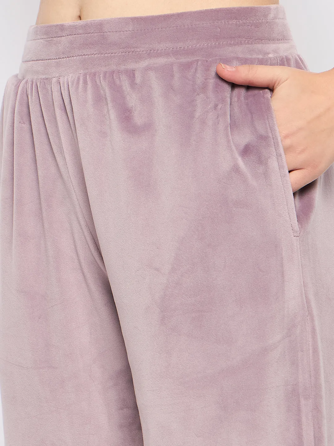 mSECRET Velour Swarovski Detailed Mauve Top and Bottom Night Suit
