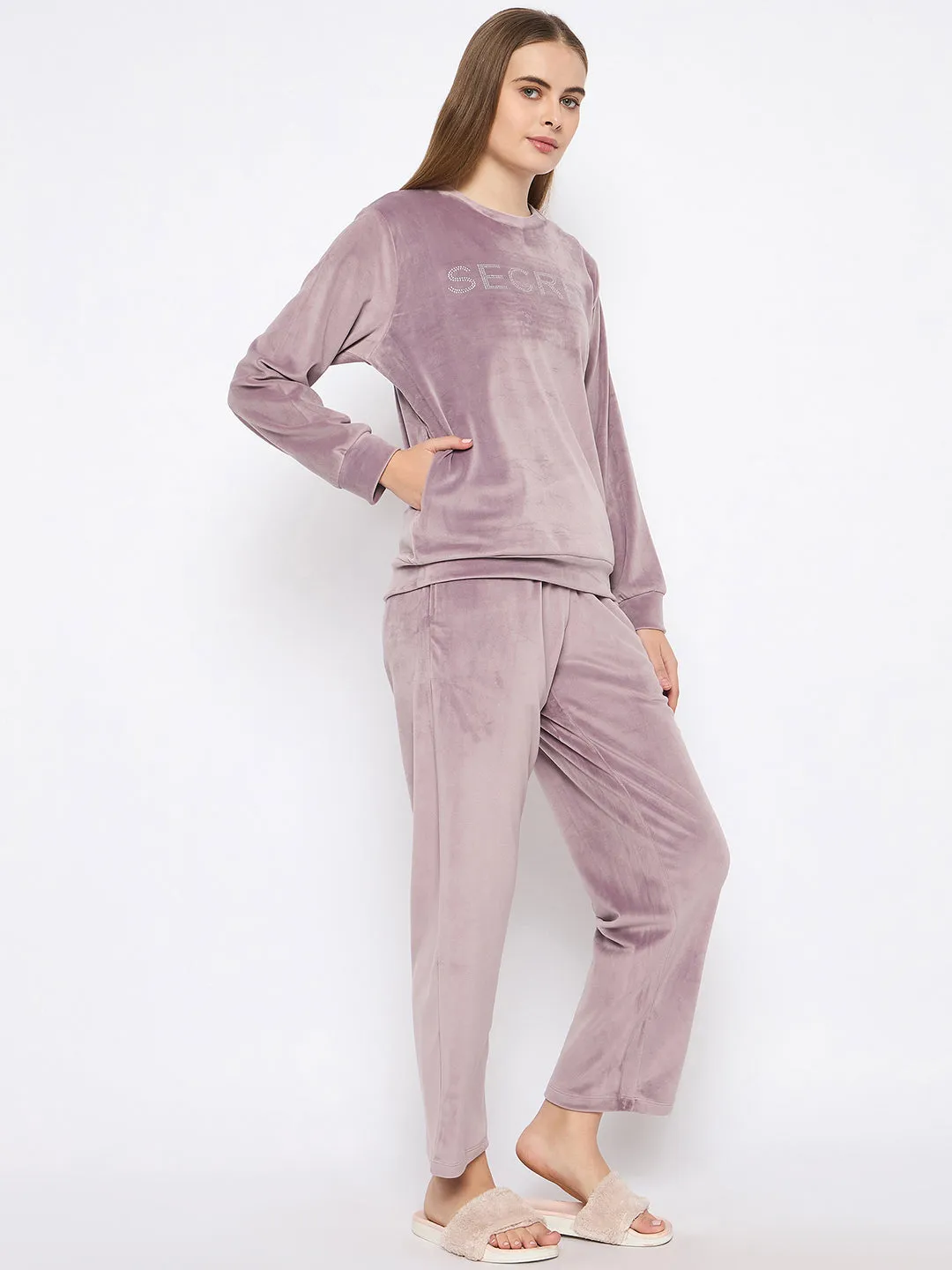 mSECRET Velour Swarovski Detailed Mauve Top and Bottom Night Suit