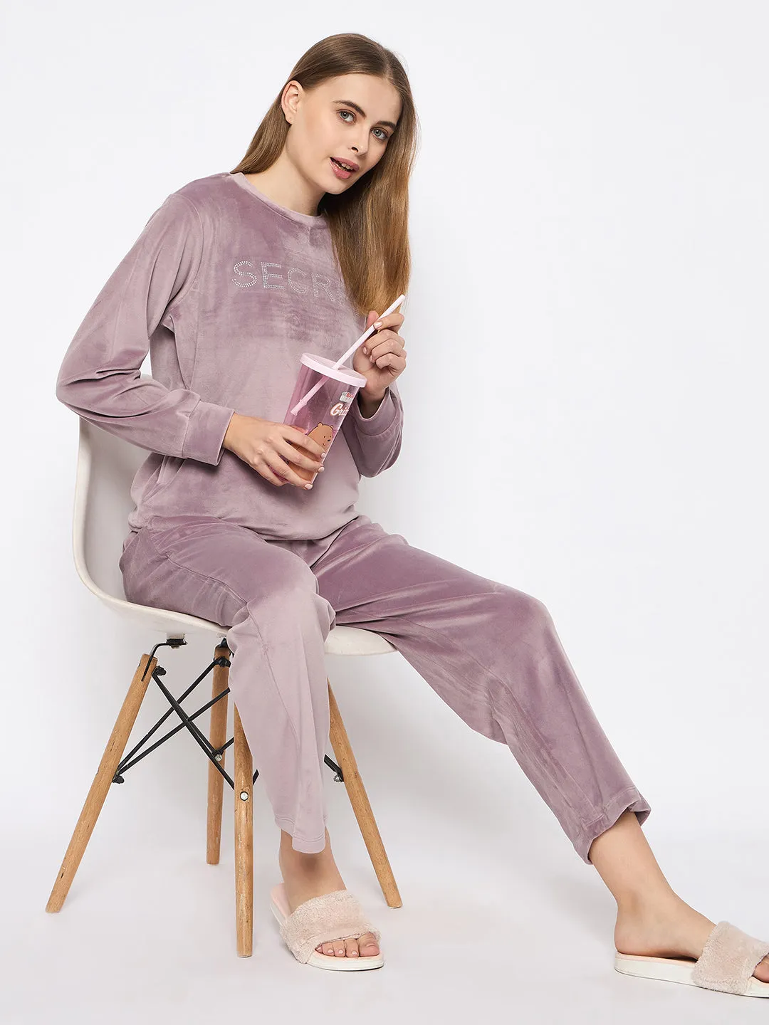 mSECRET Velour Swarovski Detailed Mauve Top and Bottom Night Suit