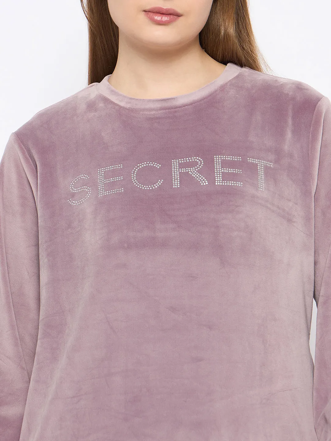 mSECRET Velour Swarovski Detailed Mauve Top and Bottom Night Suit