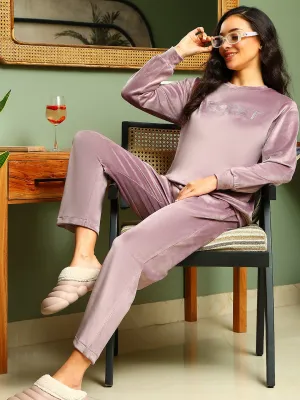 mSECRET Velour Swarovski Detailed Mauve Top and Bottom Night Suit