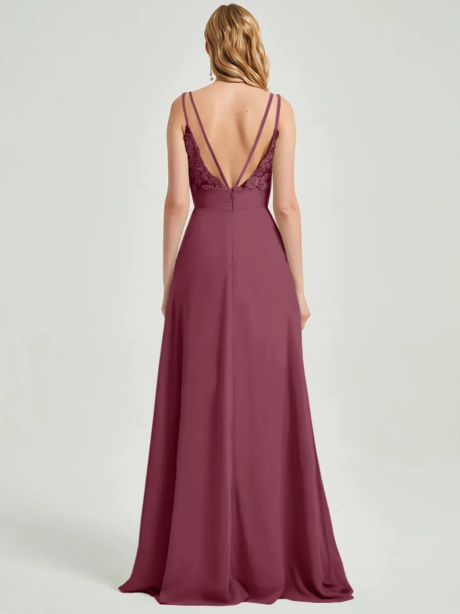 Mulberry Spaghetti Straps V-Neck Slit Lace Chiffon Bridesmaid Dress