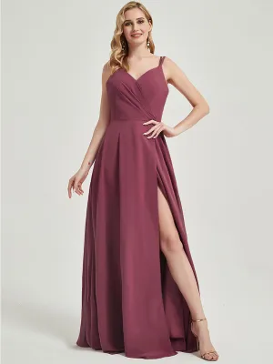 Mulberry Spaghetti Straps V-Neck Slit Lace Chiffon Bridesmaid Dress