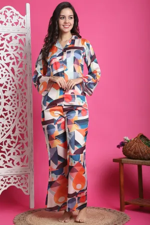 Multi-Color Abstract Printed Satin Night Suit for Women | S-XXL | Claura