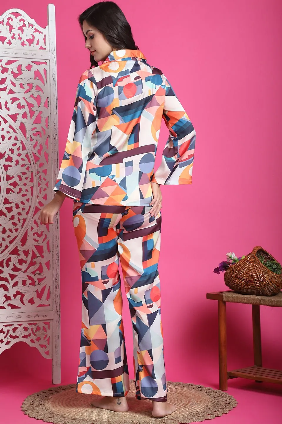 Multi-Color Abstract Printed Satin Night Suit for Women | S-XXL | Claura