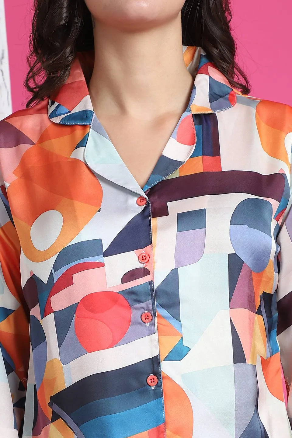 Multi-Color Abstract Printed Satin Night Suit for Women | S-XXL | Claura