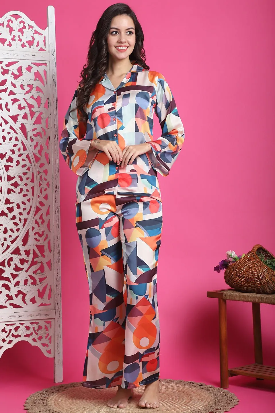 Multi-Color Abstract Printed Satin Night Suit for Women | S-XXL | Claura