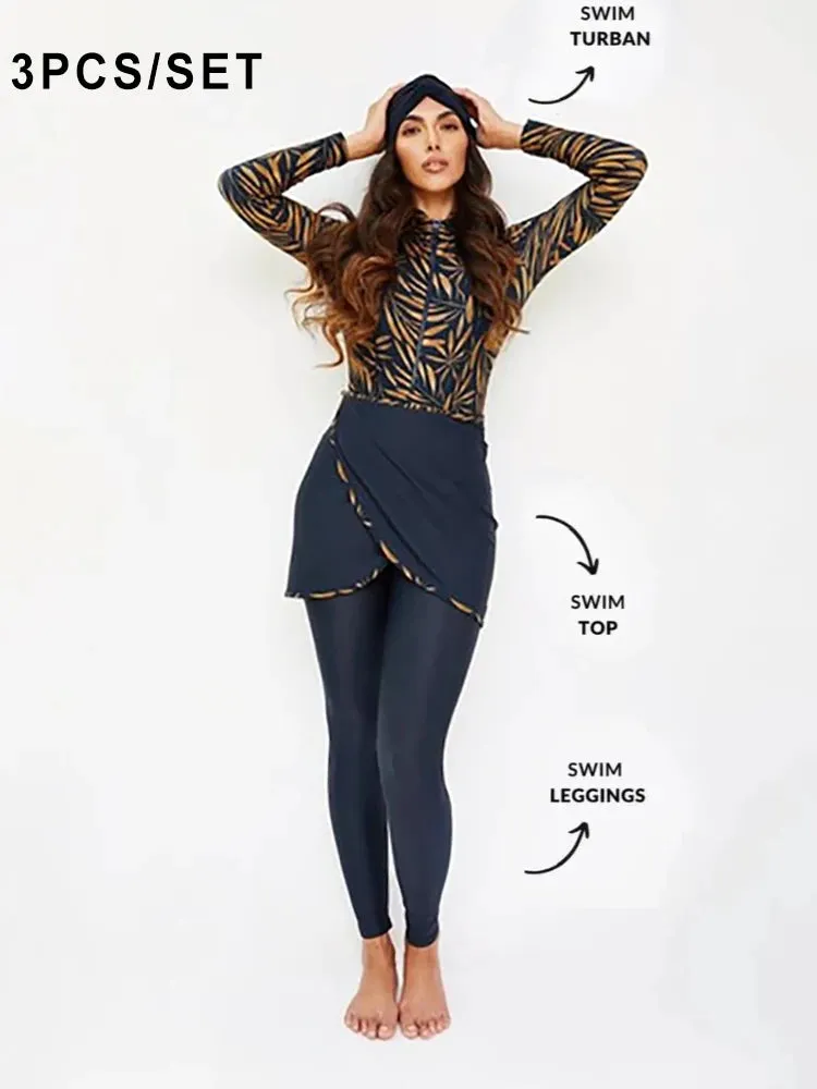 Muslim Swimwear Women Modest Patchwork Hijab Long Sleeves Sport Swimsuit 3pcs Islamic Burkinis Wear Bathing Suit