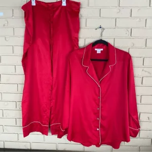 Natori Private Luxuries Pajama Set Women XL Top Pants Red Satin Lounge PJ’s Soft
